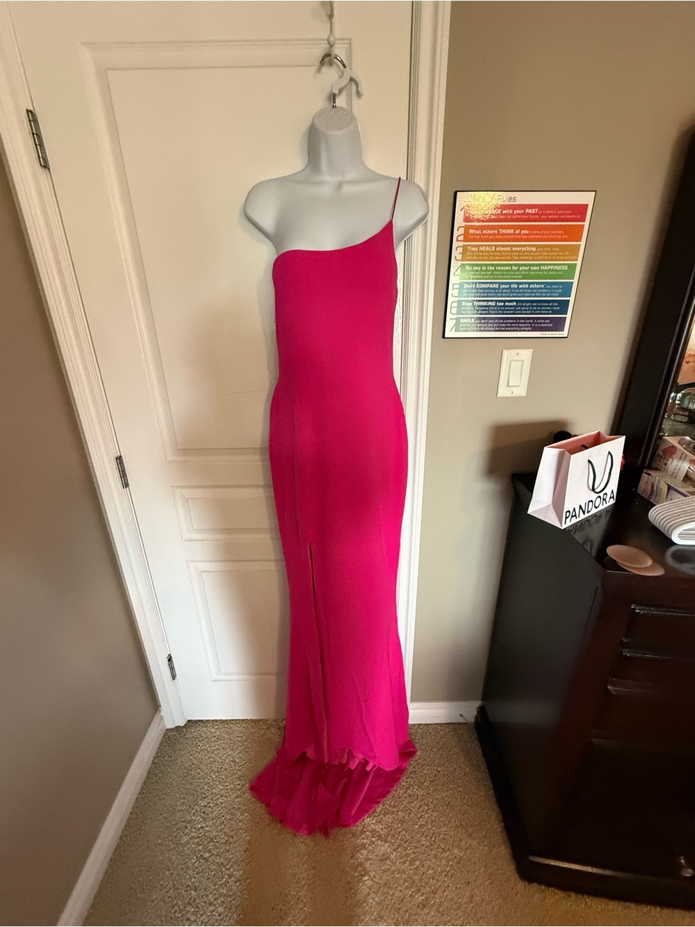 Nookie Fuchsia One-Shoulder Evening Gown read about sizing. New with tags.